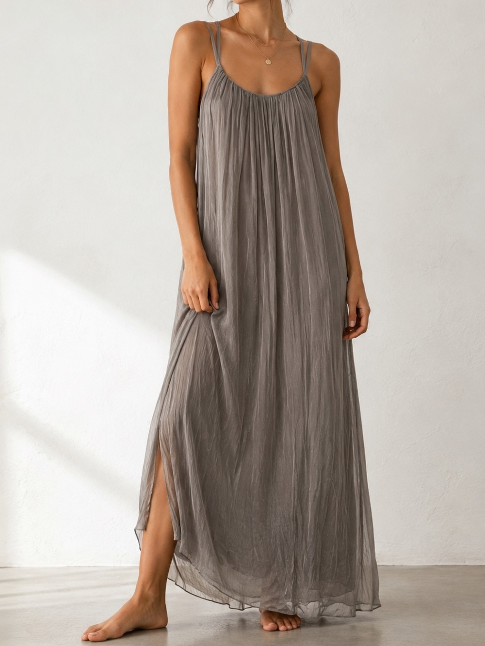 Catwalk Studio Women's Gray Silk Flowy Maxi Dress Spaghetti Strap Casual Formal